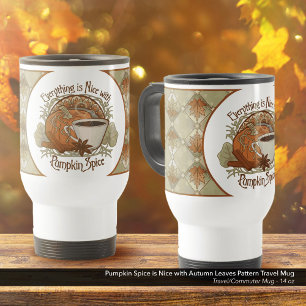 Pumpkin Spice Coffee Art and Autumn Leaves Pattern Travel Mug