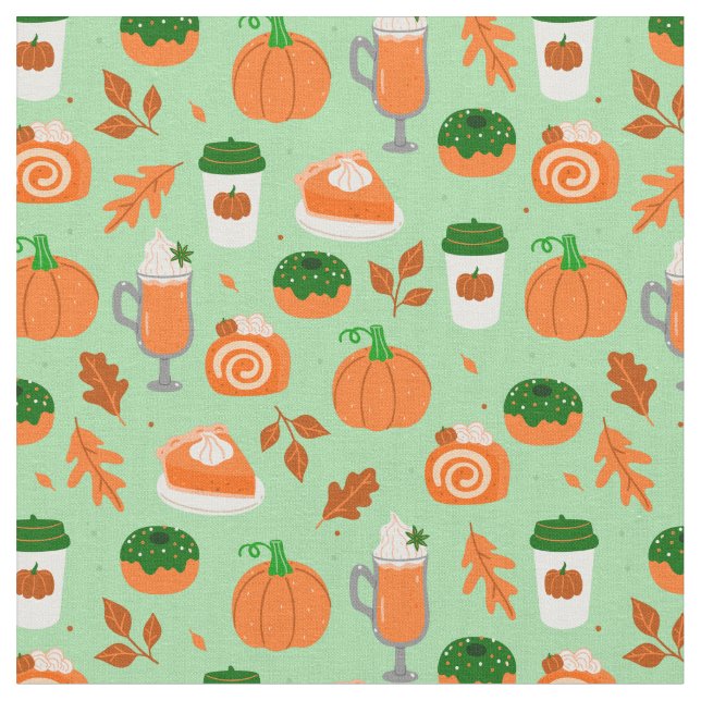 pumpkin spice coffee pastel green fabric (Close Up)