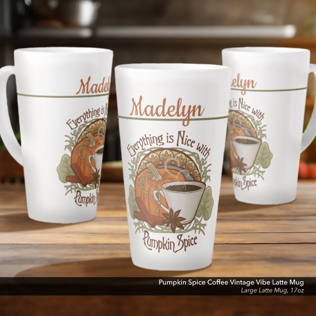 Pumpkin Spice Coffee Vintage Vibe Personalised Latte Mug (Pumpkin Spice Coffee Vintage Vibe Latte Mug–Personalized with Your Name–Large 17 oz. Size)