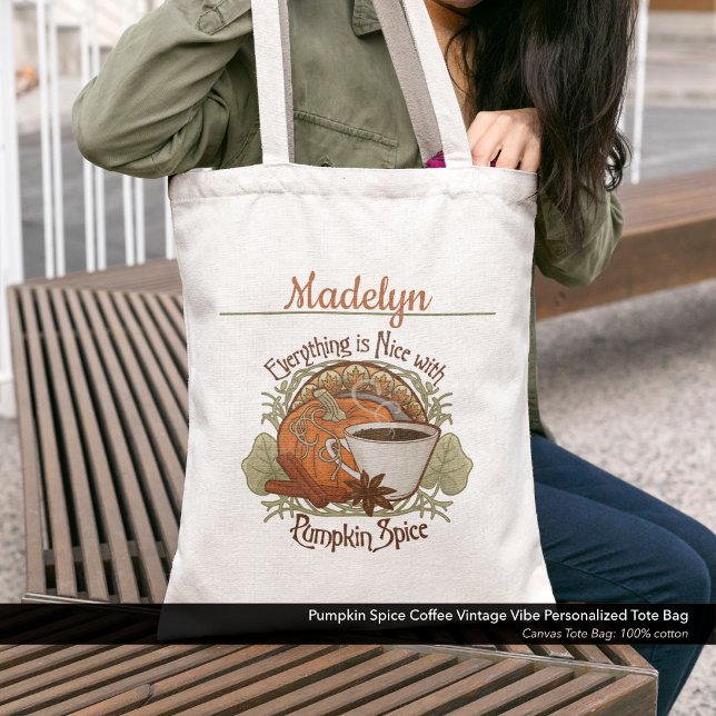 Pumpkin Spice Coffee Vintage Vibe Personalised Tote Bag (Pumpkin Spice Coffee Vintage Vibe Tote Bag–Custom Tote bag Personalized with Your Name. )