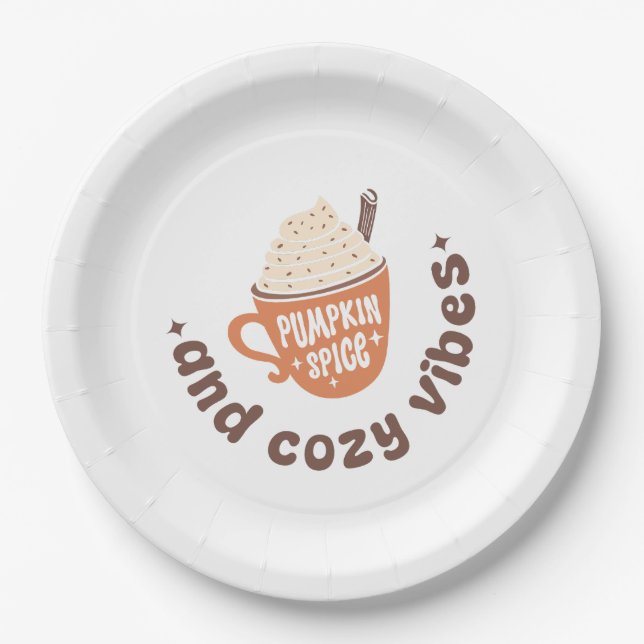 Pumpkin Spice & Cosy Vibes  – Cute PSL Latte Fall Paper Plate (Front)