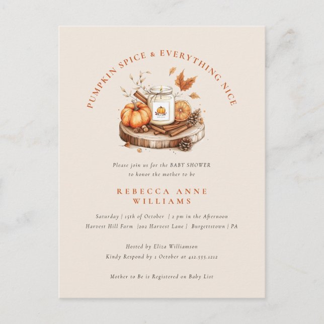 Pumpkin Spice & Everything Nice – Fall Baby Shower Postcard (Front)