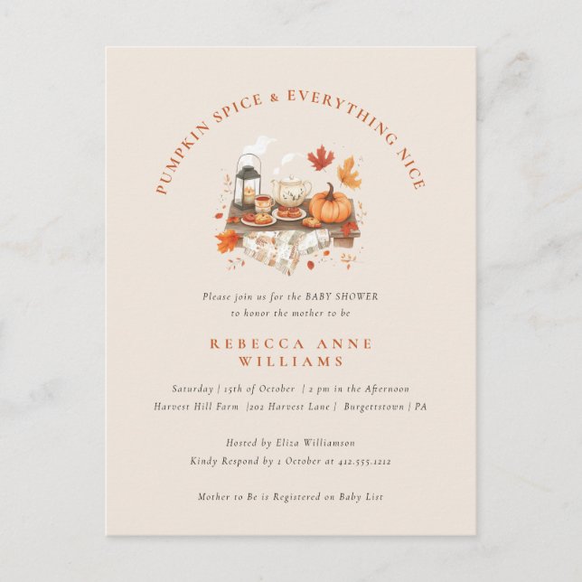 Pumpkin Spice & Everything Nice – Fall Baby Shower Postcard (Front)
