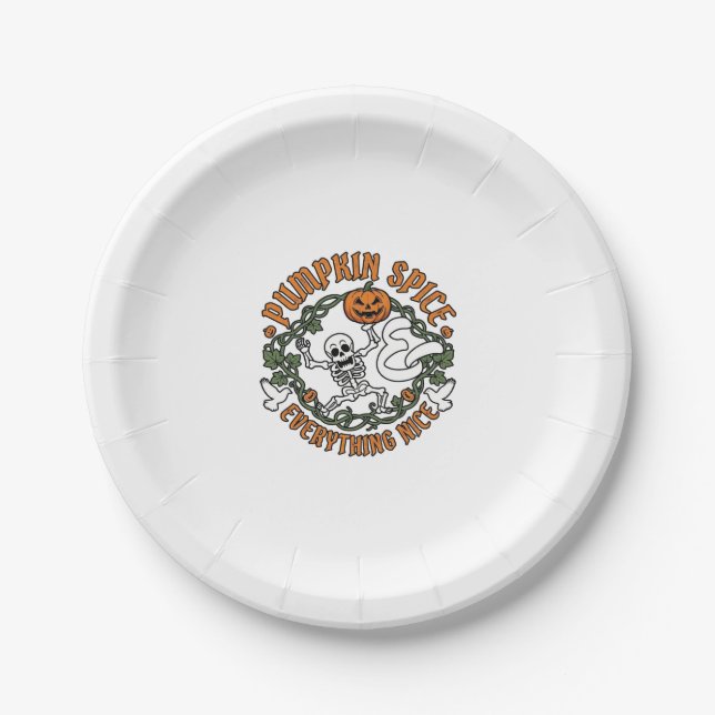 Pumpkin Spice Everything Nice Halloween Skeleton V Paper Plate (Front)