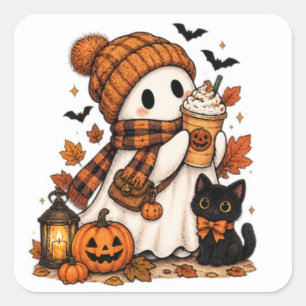 Pumpkin Spice Ghost Cosy Halloween Square Sticker