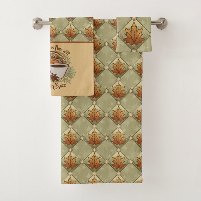 Pumpkin Spice is Nice with Autumn Leaves Pattern  Bath Towel Set (Insitu)