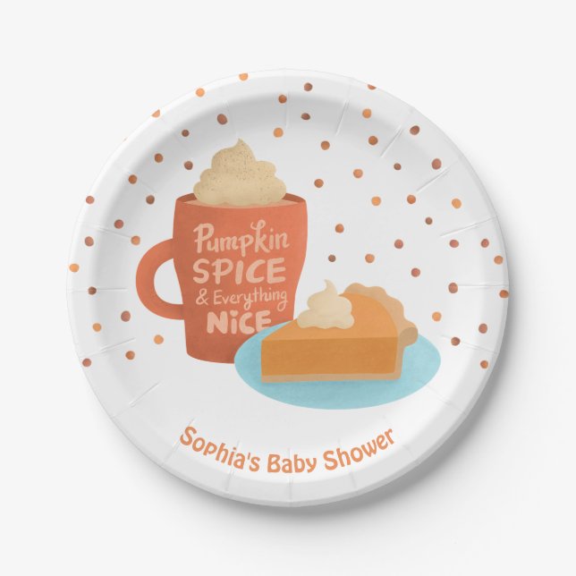 Pumpkin Spice Latte and Pie Baby Shower Supplies Paper Plate (Front)