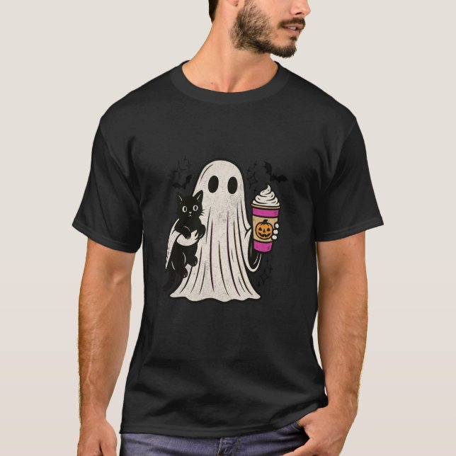Pumpkin Spice Latte Ghost Holding Black Cat Hallow T-Shirt (Front)