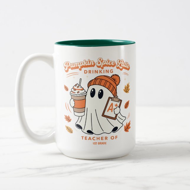 Pumpkin Spice Latte Ghost Personalised Name Teache Two-Tone Coffee Mug (Left)