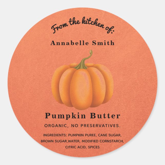 Pumpkin Spice Orange Fall Custom Personalised Jar Classic Round Sticker (Front)