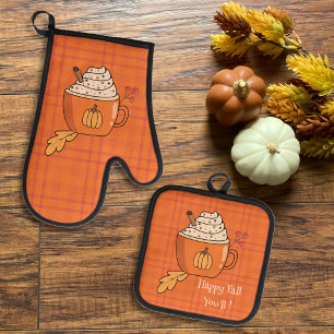 Pumpkin Spice Orange Plaid Pattern Oven Mitt & Pot Holder Set