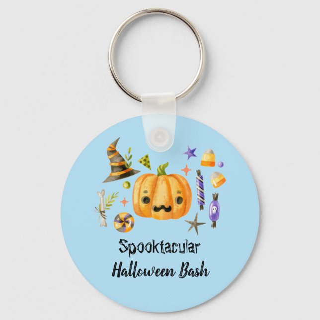 Pumpkin Spooktacular Halloween Bash Party Blue Key Ring (Front)