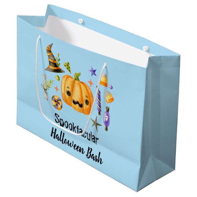Pumpkin Spooktacular Halloween Bash Party Blue Large Gift Bag (Front Angled)