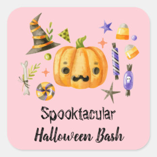Pumpkin Spooktacular Halloween Bash Party Pink Square Sticker