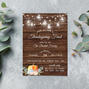 Pumpkin & String Lights Rustic Thanksgiving Dinner Invitation
