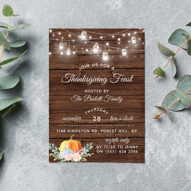 Pumpkin & String Lights Rustic Thanksgiving Dinner Invitation (Creator Uploaded)
