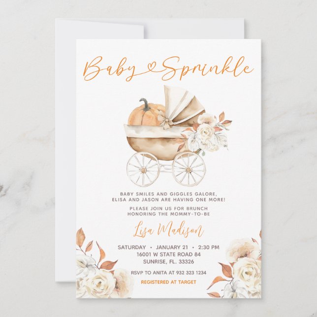 Pumpkin Stroller Floral Baby Sprinkle  Invitation (Front)