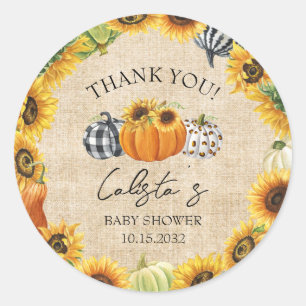 Pumpkin Sunflower Burlap Baby Shower Thank You Classic Round Sticker