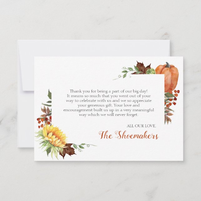 Pumpkin Sunflower Fall Wedding Thank You Card (Back)