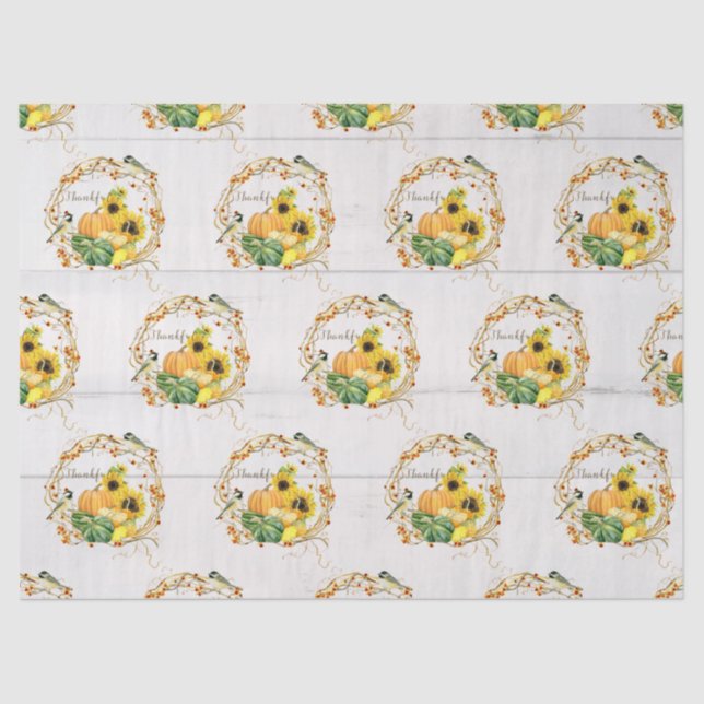 Pumpkin Sunflower Floral Fall Foliage Bird Wreath  Tissue Paper (Front)