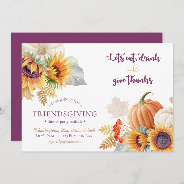 Pumpkin Sunflower Friendsgiving Potluck Invitation (Front/Back)