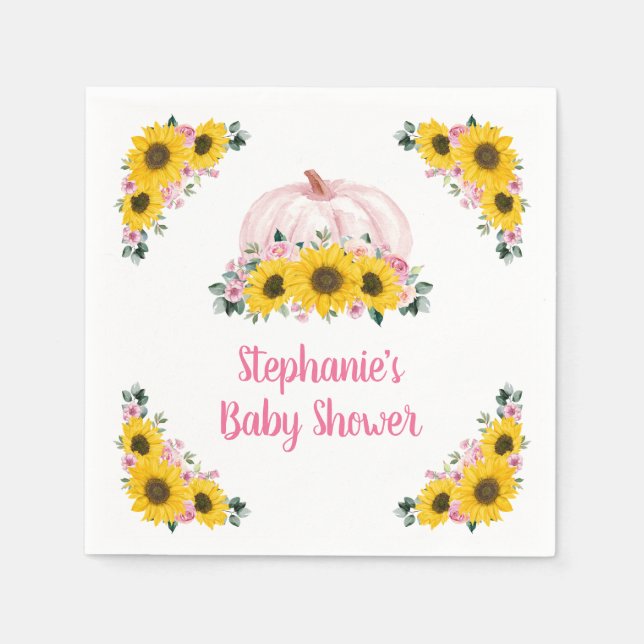 Pumpkin Sunflower Pink Floral Fall Baby Shower Napkin (Front)