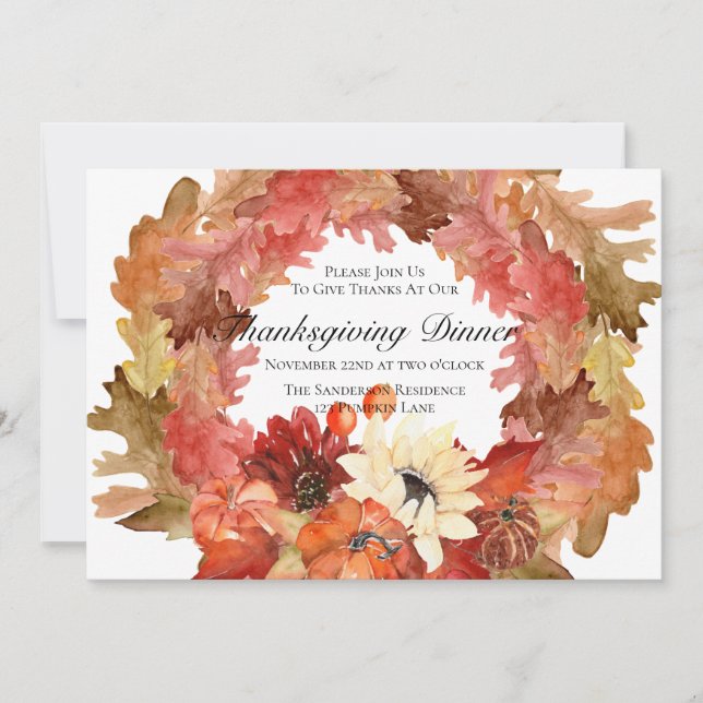 Pumpkin Sunflower Wreath Thanksgiving Dinner Invitation (Front)
