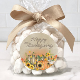 Pumpkin Sunflowers Picket Fence Happy Thanksgiving Classic Round Sticker