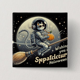 Pumpkin Tea in the Stars: Cheerful Astronaut Cat's 15 Cm Square Badge