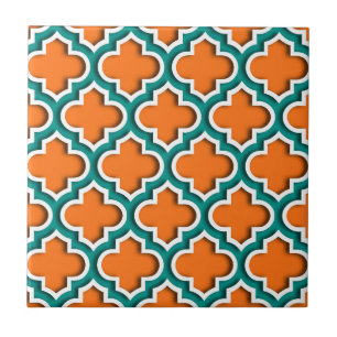 Pumpkin, Teal, White Moroccan Quatrefoil #5DS Tile