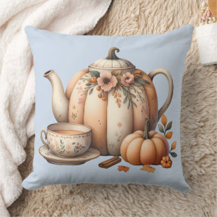Pumpkin Teapot with Fall Florals Illustration Cushion