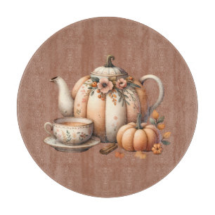 Pumpkin Teapot with Fall Florals Illustration Cutting Board