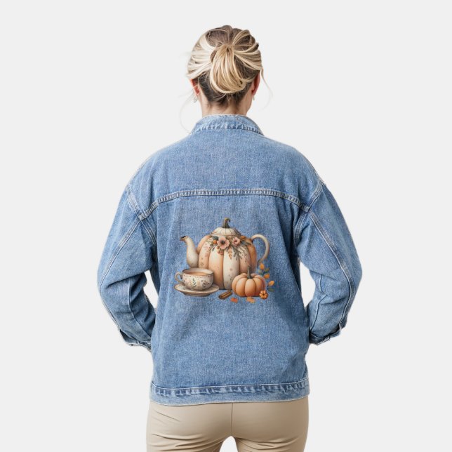 Pumpkin Teapot with Fall Florals Illustration Denim Jacket (Model)