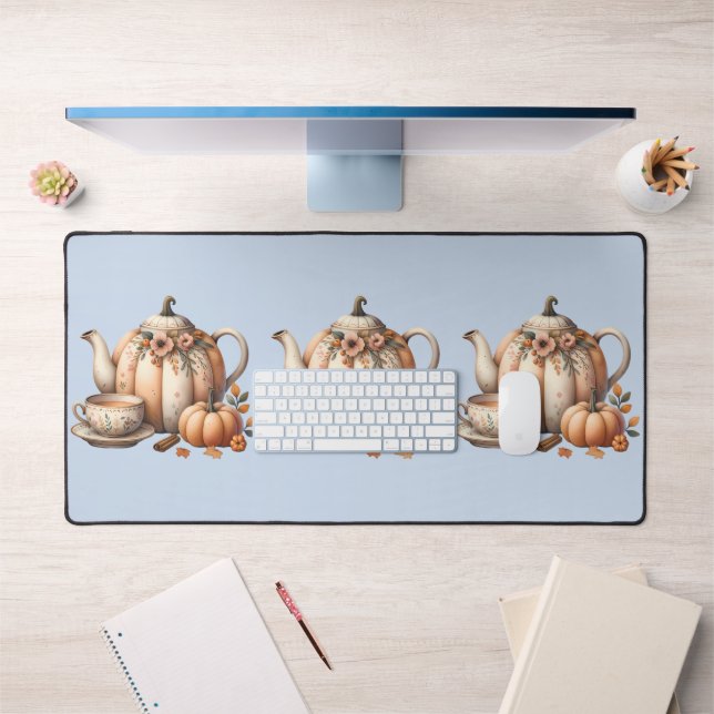 Pumpkin Teapot with Fall Florals Illustration Desk Mat (Office 1)