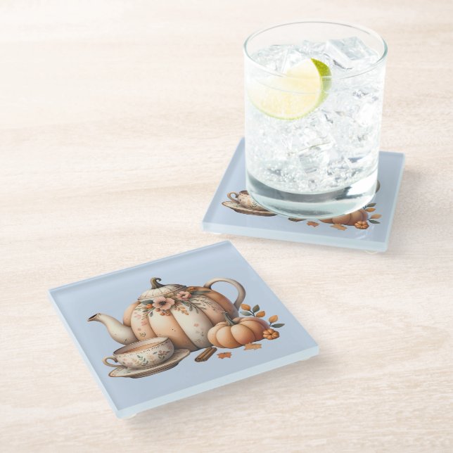 Pumpkin Teapot with Fall Florals Illustration Glass Coaster (Angled)