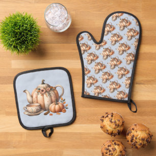 Pumpkin Teapot with Fall Florals Illustration Oven Mitt & Pot Holder Set