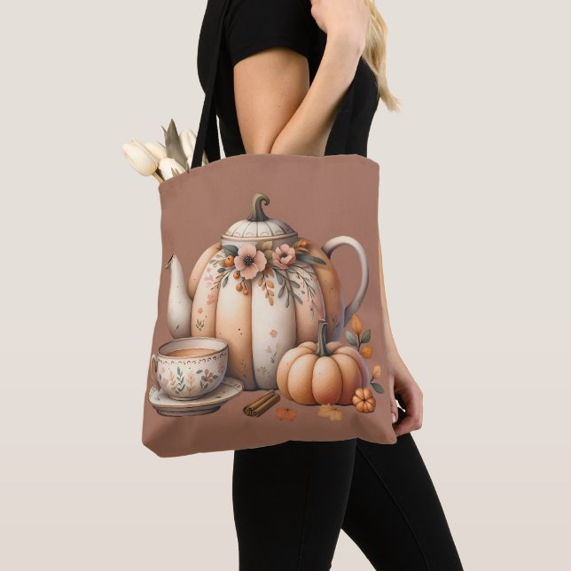 Pumpkin Teapot with Fall Florals Illustration Tote Bag (Close Up)
