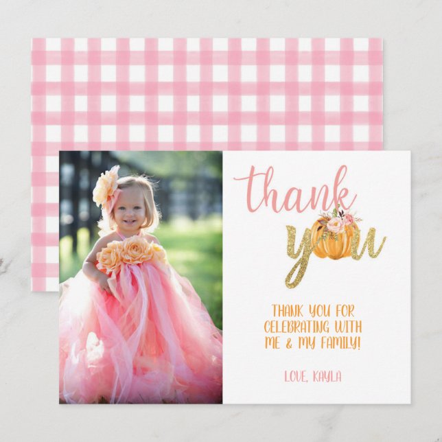 Pumpkin Thank You Photo Card - Girl (Plaid) (Front/Back)