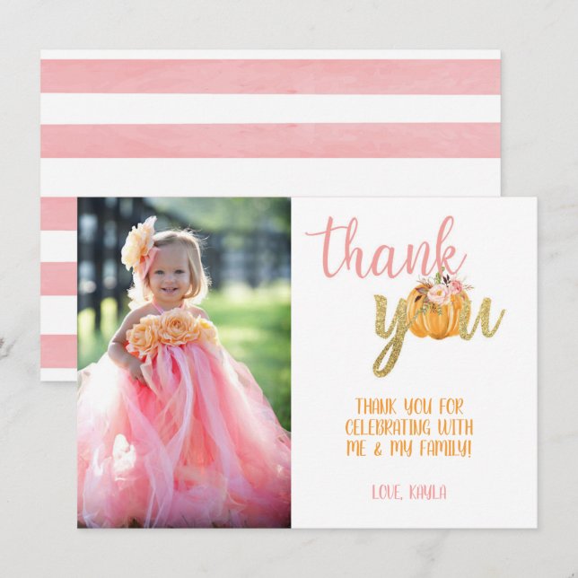 Pumpkin Thank You Photo Card - Girl (Stripes) (Front/Back)
