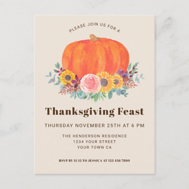 Pumpkin Thanksgiving Dinner Invitation Postcard (Front)