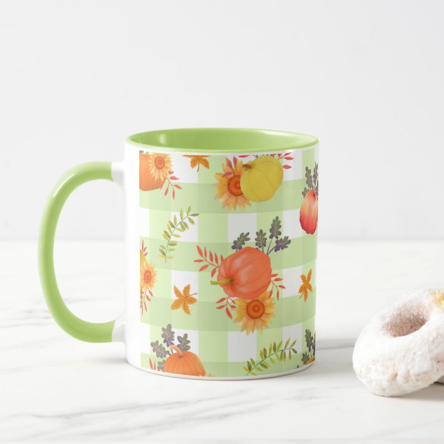 Pumpkin Thanksgiving Gingham Green Mug (With Donut)