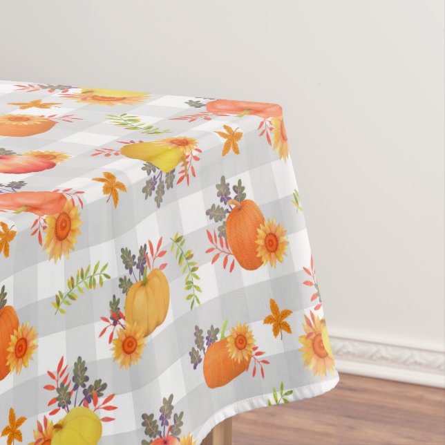 Pumpkin Thanksgiving Gingham Grey Tablecloth (In Situ)