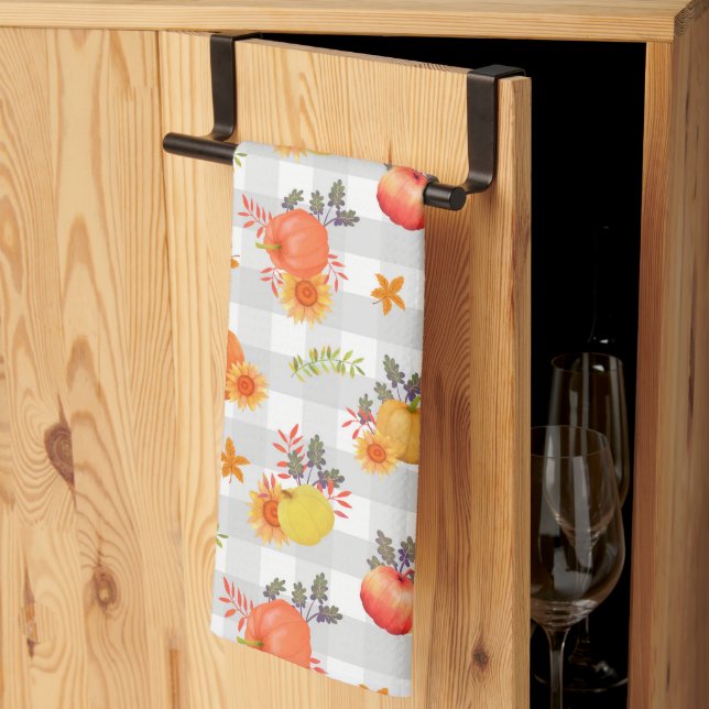 Pumpkin Thanksgiving Gingham Grey Tea Towel (Thirds Fold)