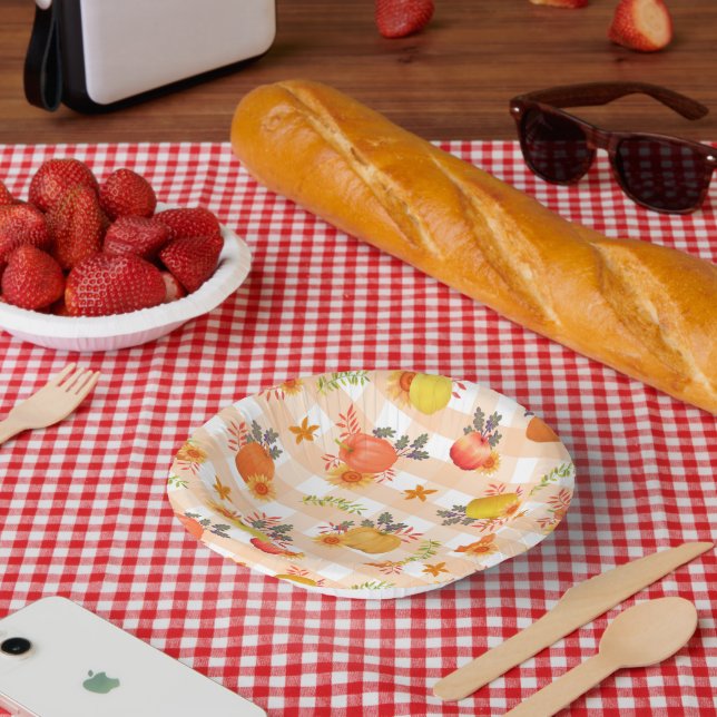 Pumpkin Thanksgiving Gingham Peach Paper Plate (Picnic)