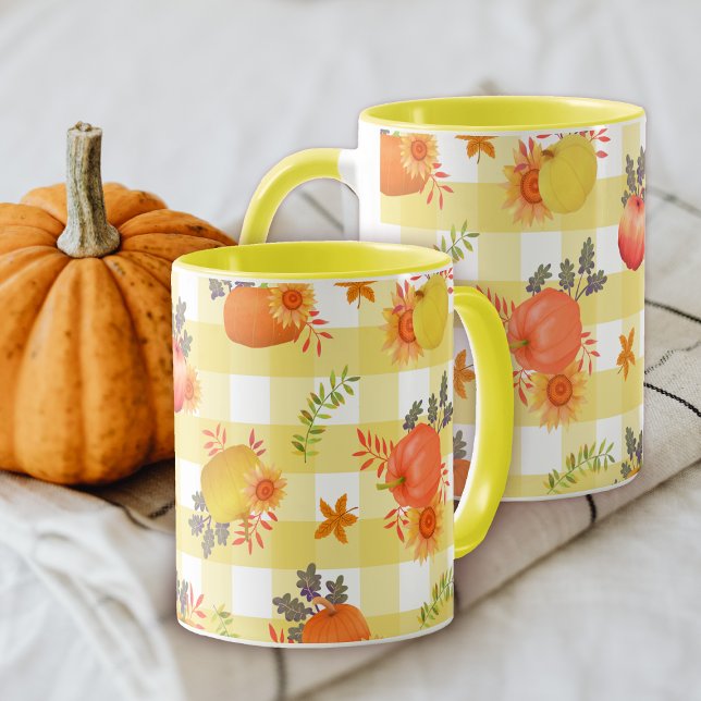 Pumpkin Thanksgiving Gingham Yellow Mug (Autumn Pumpkins and Sunflowers with Plaid Design. )