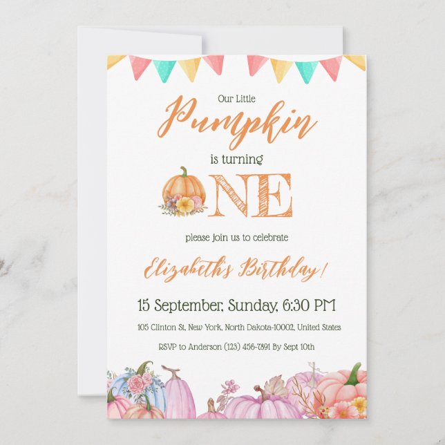 Pumpkin Theme Kids colourful First Birthday Party Invitation (Front)