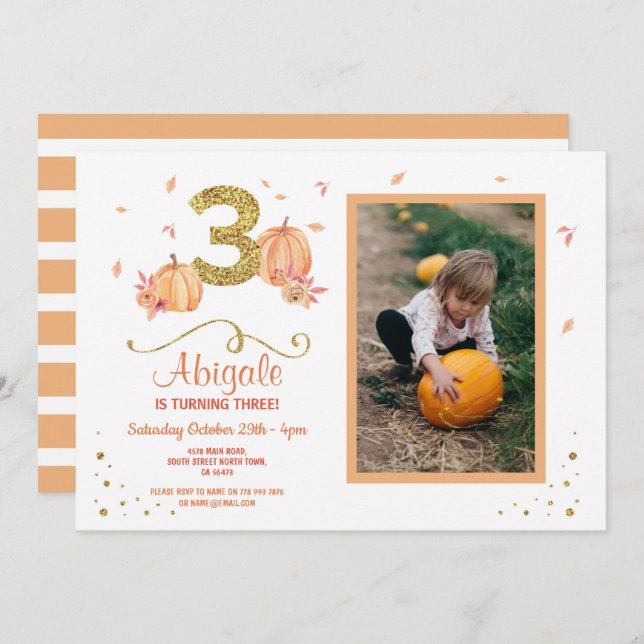 Pumpkin THREE Birthday 3rd Fall Party Photo Invite (Front/Back)