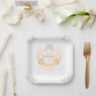 Pumpkin Toile Crest Elegant Boy Baby Shower Paper Plate
