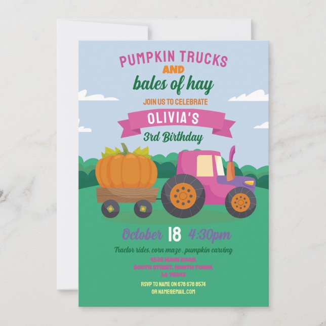 Pumpkin Tractors Birthday Harvest Party Girls Invitation (Front)