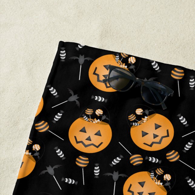 Pumpkin Trick Or Treat Bucket Halloween Lollipops Beach Towel (In Situ)